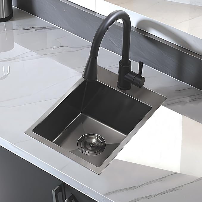15 Inch Drop In Bar Sink, Gunmetal Black 15x17x9 Topmount Stainless Steel Single Bowl Wet Bar Prep RV Outdoor Small Kitchen Sinks 16 Guage with Drain