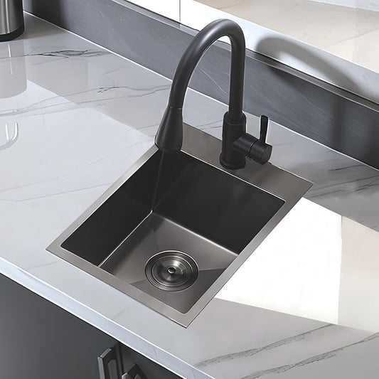 15 Gunmetal Black Bar Sink, Drop in 16 Gauge Stainless Steel 13x15x9 Wet Bar Prep RV Outdoor Small Kitchen Sink Top mount Single Bowl with Bottom Grid & Drain