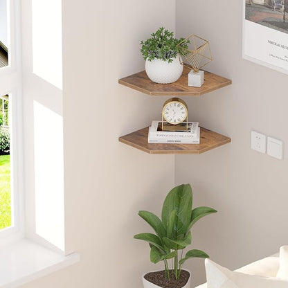 JJL Corner Wall Shelf, 10.4 Inch Wooden Corner Shelves, Set of 2 Floating Shelf for Wall Storage, Wall Mount Corner Shelves for Room Decoration, Rust Brown