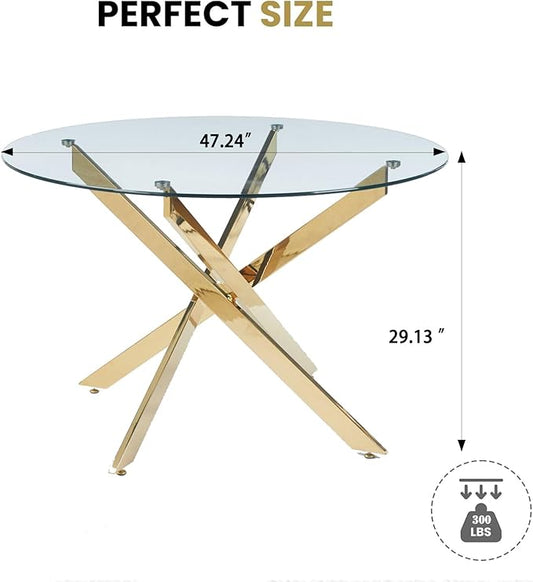 Henf 47.24" Glass Round Dining Table with X-Shape Metal Legs, Gold Kitchen Table for 4-6 People, Round Glass Dining Room Table for Small Space, Easy Assembly Circular Side Desk