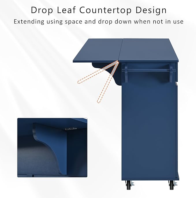 53.2'' Rolling Kitchen Island Cart with Drop Leaf and Adjustable Shelves,Spice Rack, Towel Rack and 2 Drawers,for Kitchen Living Room Dining Room (Navy Blue@u)