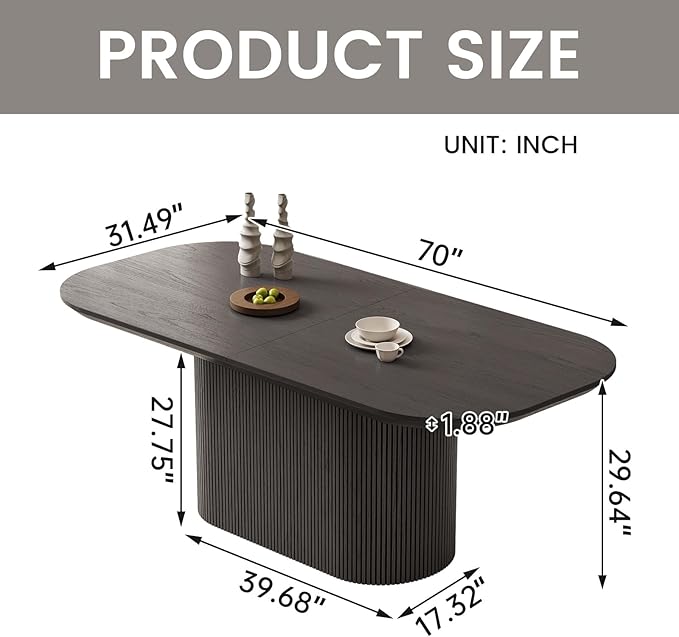 Large Oval Dining Table for 6, 70" Modern Dining Room Table for Kitchen, Living Room 6 Seaters Kitchen Tables with Oval Base, Rectangular Dinner Tables with 1.88" Thick Tabletop, Black