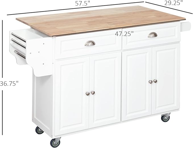 GOWE Rolling Kitchen Island on Wheels, Kitchen Cart with Solid Wood Drop Leaf Breakfast Bar, Storage Drawers, 4-Door Cabinets, Spice Rack, White