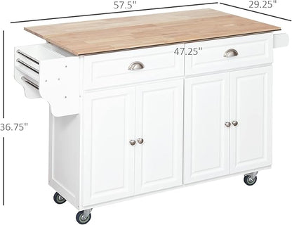 GOWE Rolling Kitchen Island on Wheels, Kitchen Cart with Solid Wood Drop Leaf Breakfast Bar, Storage Drawers, 4-Door Cabinets, Spice Rack, White