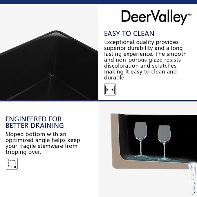 DeerValley Black Farmhouse Workstation Sink 33 Inch, Fireclay Apron Undermount Single Bowl Kitchen Sink with Accessories