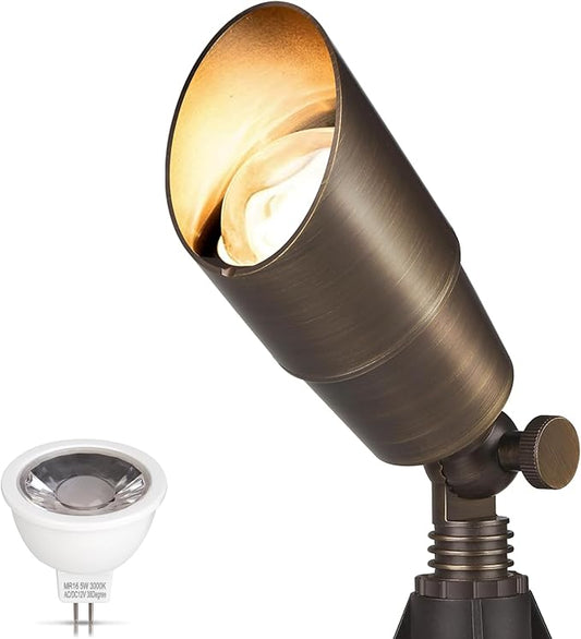 Gardencoin Solid Brass Outdoor Landscape Spotlight, 12V Low Voltage LED Spot Light Waterproof for Garden and Yard Uplighting, Bronze Heavy Duty Accent Lighting Fixture with 2700K MR16 Bulb, Single