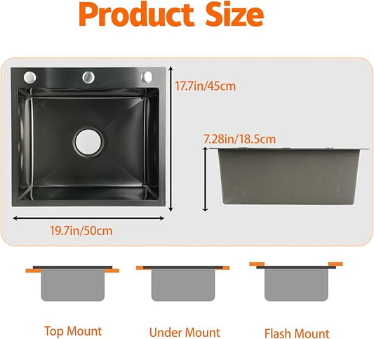 19.7x17.7in Black Kitchen Basin, Drop-In Sink with Pull-Down Faucet and Multiple Accessories, Stainless Steel Topmount Single-Bowl Workstation with Sliding Accessories for Modern Kitchens, Farm
