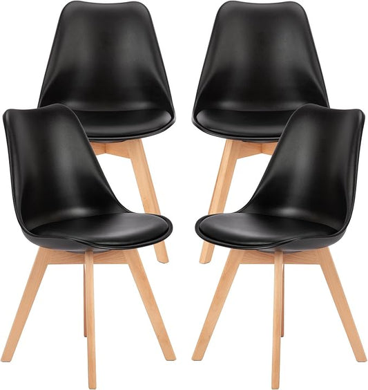 NEWBULIG Dining Chairs Set of 4, Mid Century Modern Dining Room Chairs for Kitchen, PU Leather Cushion and Upholstered Side Seating with Wood Legs for Living Rroom, Lounge, Black