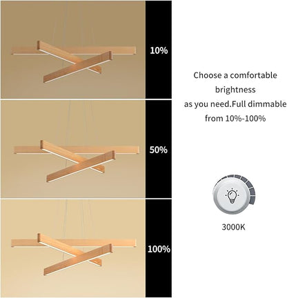 3-Light Solid Wood Natural Linear Pendant Light Modern LED Pendant Light Dimmable Chandelier for Dining Room Table Kitchen Island Living Room Ceiling - 45W Warm Light Adjustable Hanging Fixture