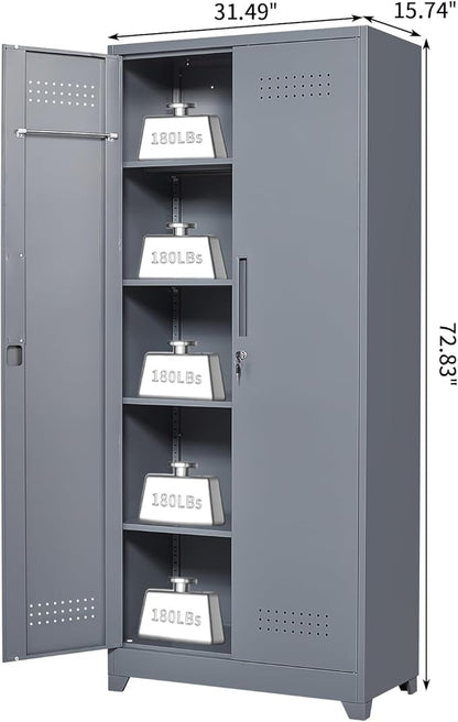 Metal Tool Storage Cabinet, Broom Closet with Hooks, 72.8" Tall Garage Cabinet with Shelves, Heavy-Duty Cleaning Storage for Utility Room, Gym, Office, Garage