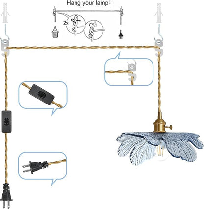 Plug in Pendant Light, Vintage Hanging Light with Plug in Cord On/Off Switch Brushed Brass Pendant Light fixtures with Blue Glass Shade 1-Light Hanging Light for Kitchen Dining Room Bedroom