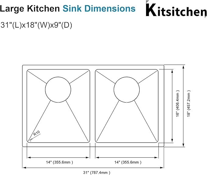 Kitsitchen 31 Inch Double Bowl Undermount Kitchen Sink,16 Gauge T-304S Stainless Steel Kitchen Sink with Drain Strainers & Grids,31" x 18" x 9" Large and Deep Kitchen Sinks,50/50 Design