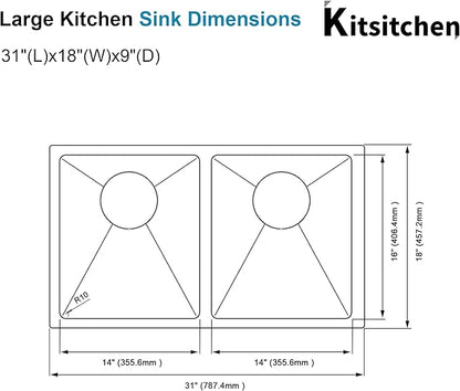 Kitsitchen 31 Inch Double Bowl Undermount Kitchen Sink,16 Gauge T-304S Stainless Steel Kitchen Sink with Drain Strainers & Grids,31" x 18" x 9" Large and Deep Kitchen Sinks,50/50 Design