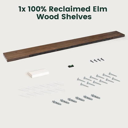 72 Inch Flat Edge Floating Shelves, 8 Inch Deep Solid Elm Wood Wall Shelf, Heavy-Duty Wall Mounted Shelf with Invisible Brackets for Living Room, Bathroom, Kitchen, Set of 1, Walnut Color