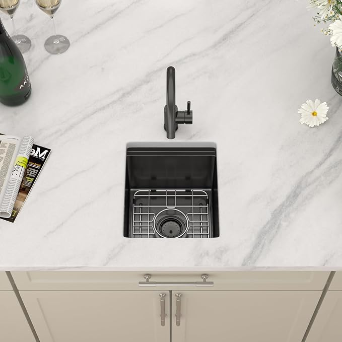 Dcolora 13"x15 Black Small Bar Sink, Heavy Duty 16 Gauge 304 Stainless Steel, with Cover Board for Saving Space, Udnermount Installation Fit for Small Kitchen,Bar, RV, #DC-U2533004BW