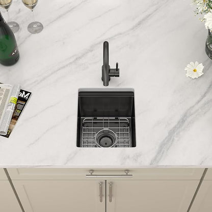 Dcolora 13"x15 Black Small Bar Sink, Heavy Duty 16 Gauge 304 Stainless Steel, with Cover Board for Saving Space, Udnermount Installation Fit for Small Kitchen,Bar, RV, #DC-U2533004BW