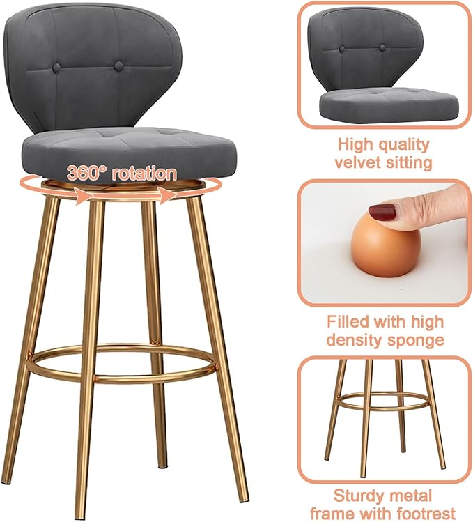 Counter Height stools Set of 2, 360° s with Back and Footrest, Thickened Upholstered Cushion, Tall Chairs for Kitchen Island, Dining Room, Home, Cafe,Grey-Sitting Height 75cm
