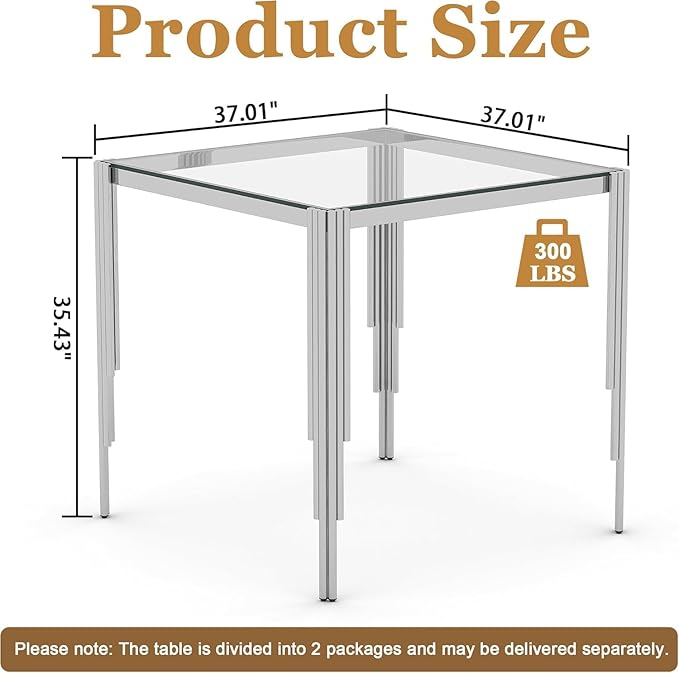 Glass Square Bar Table for 4, 37" Modern High Pub Table with Clear Tempered Glass Top and Polished Silver Stainless Steel Legs, Counter Height Table for Kitchens, Apartments, and Small Spaces