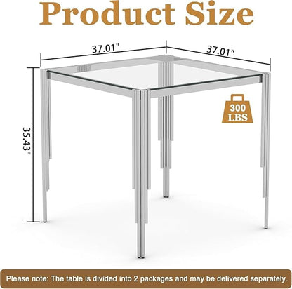 Glass Square Bar Table for 4, 37" Modern High Pub Table with Clear Tempered Glass Top and Polished Silver Stainless Steel Legs, Counter Height Table for Kitchens, Apartments, and Small Spaces