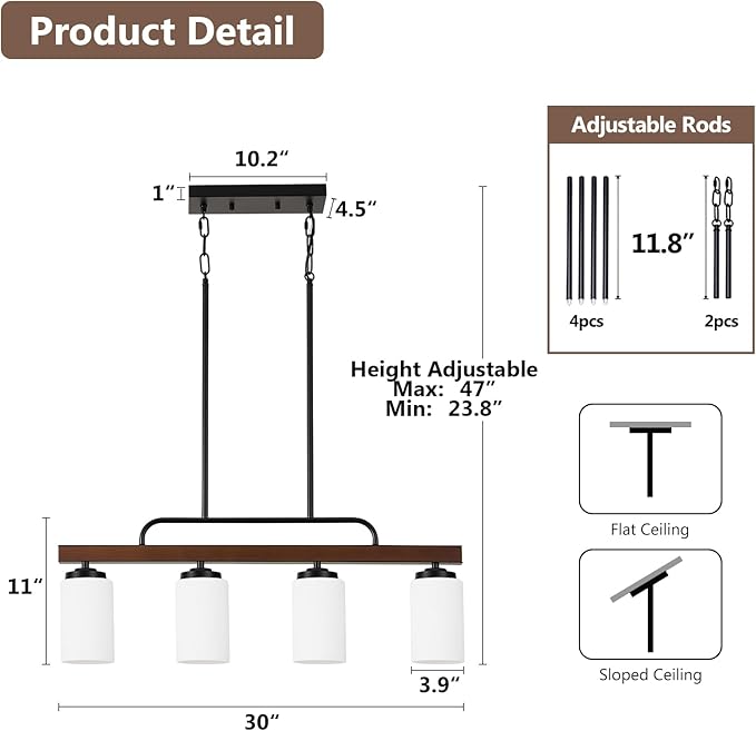 Farmhouse Dining Room Light Fixture Over Table, Black 4-Light Wood Kitchen Island Lighting with Milk White Glass, Industrial Linear Chandelier Pendant Lights