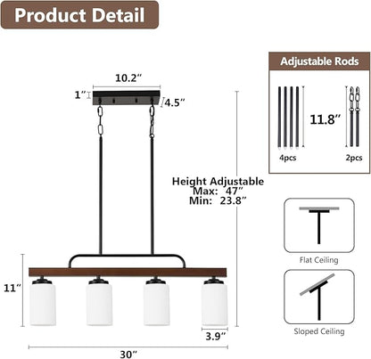 Farmhouse Dining Room Light Fixture Over Table, Black 4-Light Wood Kitchen Island Lighting with Milk White Glass, Industrial Linear Chandelier Pendant Lights