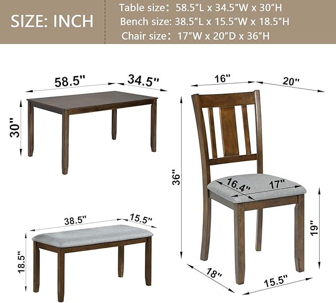 6-Piece Wooden Dining Table Set with 4 Upholstered Chairs and 1 Bench, Rectangular Kitchen Table Set for 7 People, Modern Dining Room Table for Kitchen and Dining, Walnut