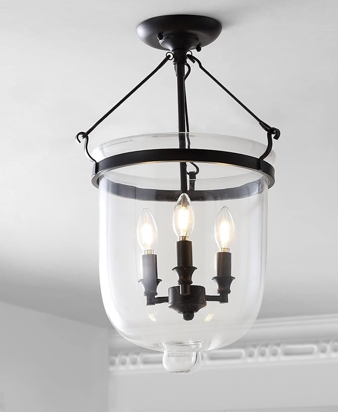 JONATHAN Y 14.5" Oil Rubbed Bronze 3-Light Iron and Glass Semi-Flush Mount, Transitional French Country Farmhouse Ceiling Light for Entryway Bedroom, LED Bulbs Included JYL9039A