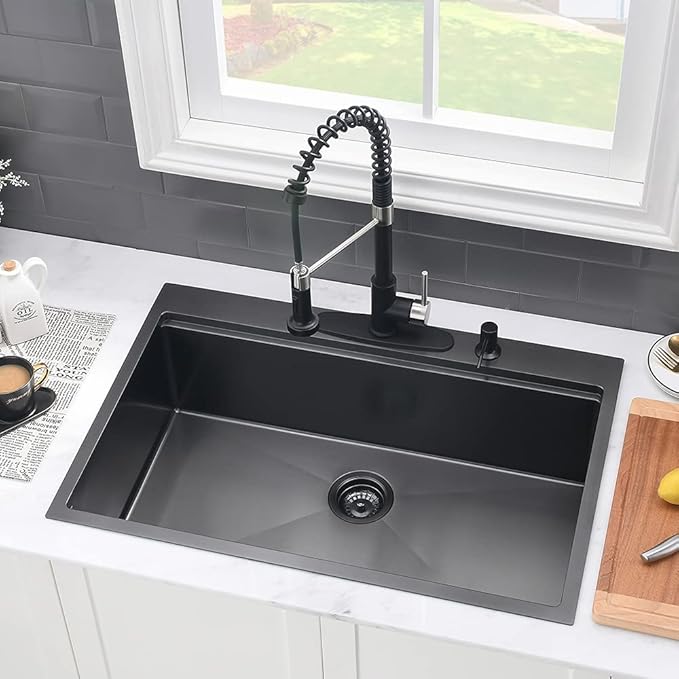 28 Inch Black Kitchen Sink Drop In Workstation-VASOYO 28x20 Inch Drop In Kitchen Sink 16 Gauge Gunmetal Black Stainless Steel Deep Single Bowl Topmount Sinks with Cutting Board