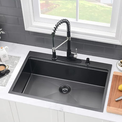 28 Inch Black Kitchen Sink Drop In Workstation-VASOYO 28x20 Inch Drop In Kitchen Sink 16 Gauge Gunmetal Black Stainless Steel Deep Single Bowl Topmount Sinks with Cutting Board
