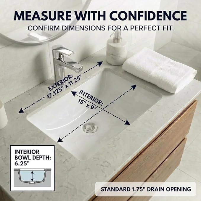 Nantucket Sinks UM-159-W Small Undermount Bathroom Sink – 15" x 9" Interior Rectangular Bowl, Ceramic Bath Sink for Vanity, w Overflow, High Gloss White Vitreous China, Scratch & Stain Resistant