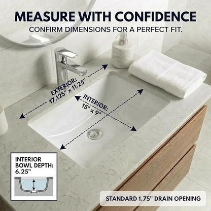 Nantucket Sinks UM-159-W Small Undermount Bathroom Sink – 15" x 9" Interior Rectangular Bowl, Ceramic Bath Sink for Vanity, w Overflow, High Gloss White Vitreous China, Scratch & Stain Resistant