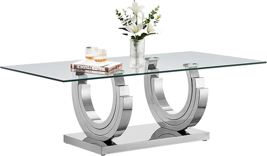 Modern Glass Coffee Table, 51" Sofa Coffee Table with Silver Stainless Steel Frame and Clear Glass Top, Rectangular Cocktail Table Accent Centre Table for Living Room