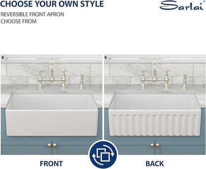 Sarlai 33 White Farmhouse Sink - 33x18 Inch Farm Kitchen Sink Reversible Apron Front White Ceramic Porcelain Fireclay Single Bowl Farmer Sinks
