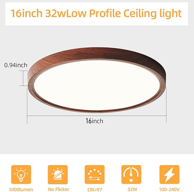 HEYAN Walnut Wood Flush Mount Ceiling Light Fixture,16 Inch Dimmable LED Ceiling Light with 3000K-4000K-6000K Selectable Flat Low Profile Round Ceiling Lights for Bedroom Hallway Laundry (2 Pack)