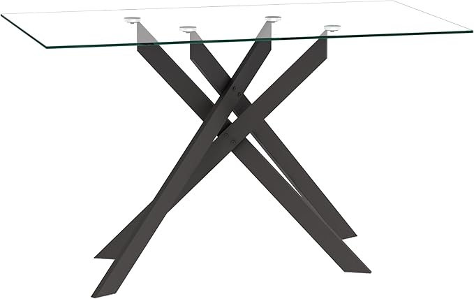 Black Glass Dining Table for 4 Modern 51.2" Rectangular Kitchen Dining Room Table for 4 with X-Shape Metal Base Large Clear Glass Top Dining Tables for Home Kitchen