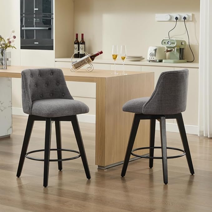 Swivel Counter Chairs, Modern Linen Fabric with Button-Tufted Backrest, Stylish Bar Stools, Set of 2 for Bar, Kitchen Island, Dining Room, White (Dark Gray + Linen + Foam)