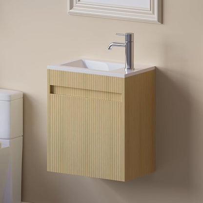 wonline 16" Small Floating Bathroom Vanity Sink Combo, Wall Mounted Narrow Single Cabinet with Resin Basin Sink Top, Water Saving Chrome Faucet & Pop-Up Drain
