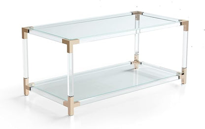 Saint Mossi Glass Coffee Table Living Room, Modern Double Layer Glass Living Table for Living Space, L41 x W21 x H16, Clear Glass Top, Clear Acrylic Leg & Rose Gold Frame