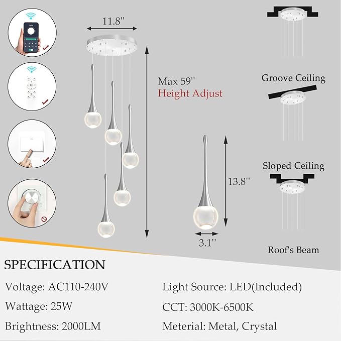 Crystal Chandelier for Dining Room Glam 5 Light Cluster Crystal Pendant Light Dimmable LED Chandeliers for Kitchen Island Living Room Sivler