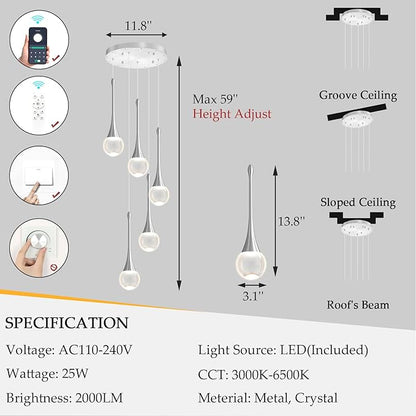 Crystal Chandelier for Dining Room Glam 5 Light Cluster Crystal Pendant Light Dimmable LED Chandeliers for Kitchen Island Living Room Sivler