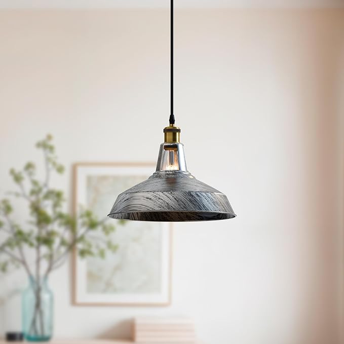 1m Vintage Barn Pendant Lighting with Adjustable Cord Industrial Pendant Light Metal Hanging Lamps for Living Room, Kitchen, Dining Room, Bedroom (Brushed Silver)