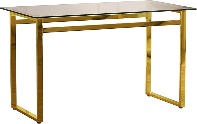 Modern Glass Dining Table for 4-6, 51" Rectangular Kitchen Dining Room Table with 0.31" Tempered Glass Tabletop and Gold Chrome Metal Legs, Writing Table Desk, for Kitchen Dining Living Room (Gold)
