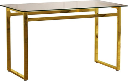 51" Modern Minimalist Rectangular Glass Dining Table for 4-6 with 0.31" Tempered Glass Tabletop and Chrome Metal Legs, Writing Table Desk for Kitchen Dining Living Room (Clear&Golden)