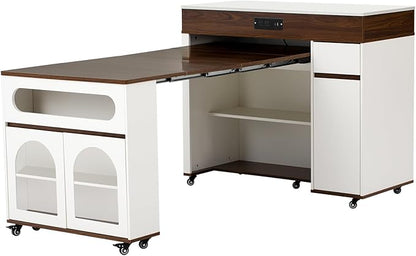 Merax Extendable Rolling Kitchen Island with Folding Table Top, Storage Cabinet with Drawers, Power Outlet & Locking Wheels for Kitchen, Dining Room, Small Space,White+Walnut