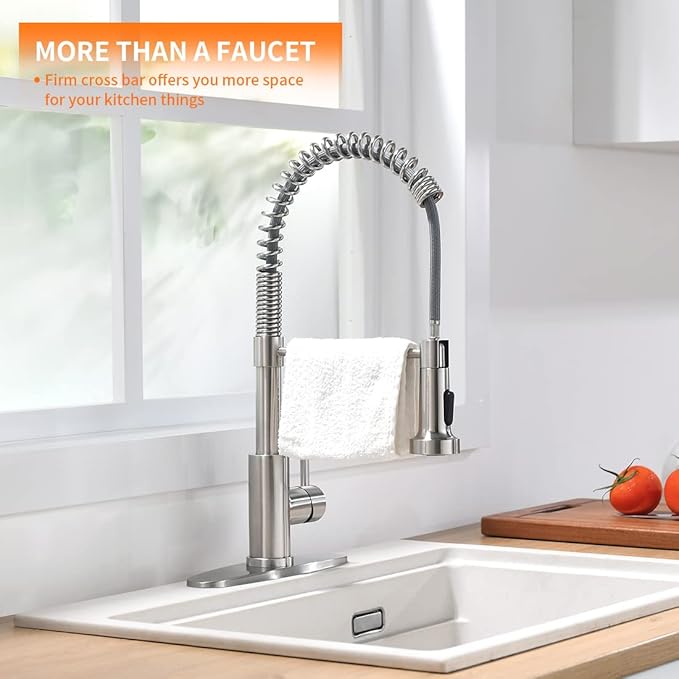 OWOFAN Kitchen Faucet with Pull Down Sprayer Brushed Nickel Stainless Steel 1 Handle Pull Out Spring Sink Faucets 1 Hole Or 3 Hole Dual Function for Farmhouse Camper Laundry Utility Rv Wet Bar