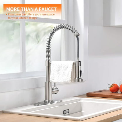 OWOFAN Kitchen Faucet with Pull Down Sprayer Brushed Nickel Stainless Steel 1 Handle Pull Out Spring Sink Faucets 1 Hole Or 3 Hole Dual Function for Farmhouse Camper Laundry Utility Rv Wet Bar