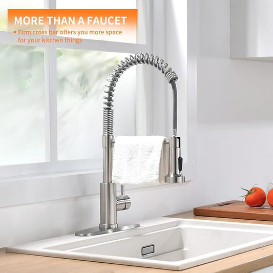 OWOFAN Kitchen Faucet with Pull Down Sprayer Brushed Nickel Stainless Steel 1 Handle Pull Out Spring Sink Faucets 1 Hole Or 3 Hole Dual Function for Farmhouse Camper Laundry Utility Rv Wet Bar