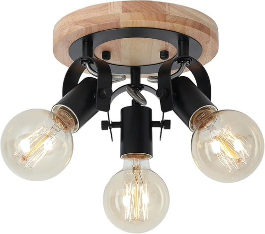 SEEBLEN 3-Light Round Flush Mount Ceiling Light，Rustic Ceiling Track Lighting with Wooden Base, Adjustable Multi-Directional Kitchen Light fixtures for Dining Room Hallway Entryway Bedroom.