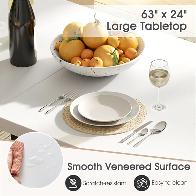 White 63" Rectangular Dining Table with Adjustable Foot Pads for Stability & Small Spaces, Narrow Kitchen Table, Space Saving Dining Tables, Kitchen Island Tables Stable Dining Table