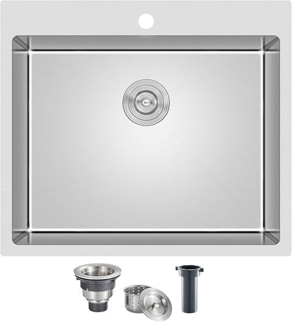 MENATT 25 x 22 Inch Drop In Kitchen Sink, 18 Gauge T-304 Stainless Steel Handmade Single Bowl 1 Faucet Hole Topmount Kitchen Sink, Brushed